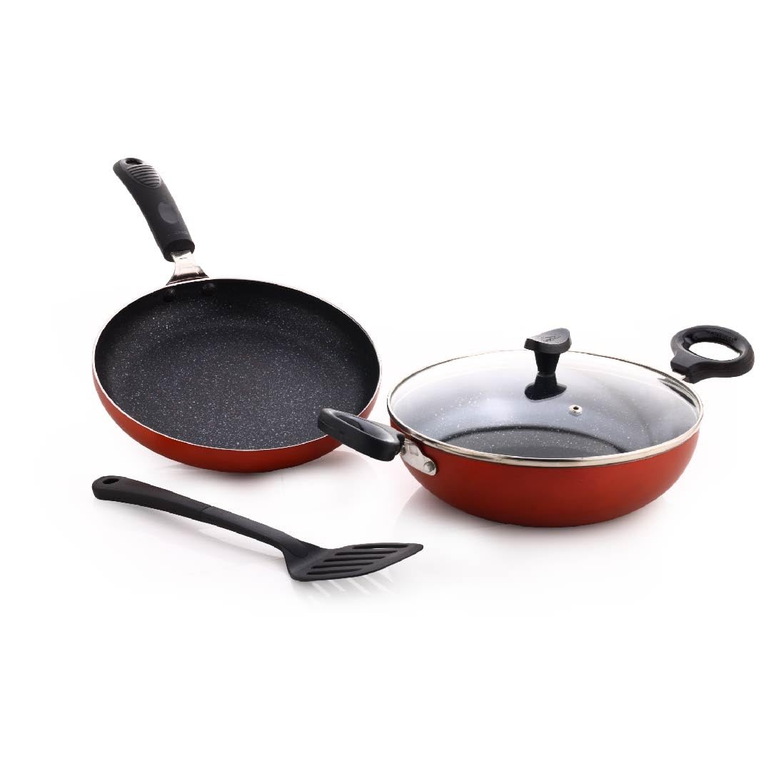 Crystal Value Plus 3 Pc Set (Fry Pan-240MM+Kadai With Glass Lid 240MM+Nylon Cooking Spoon)