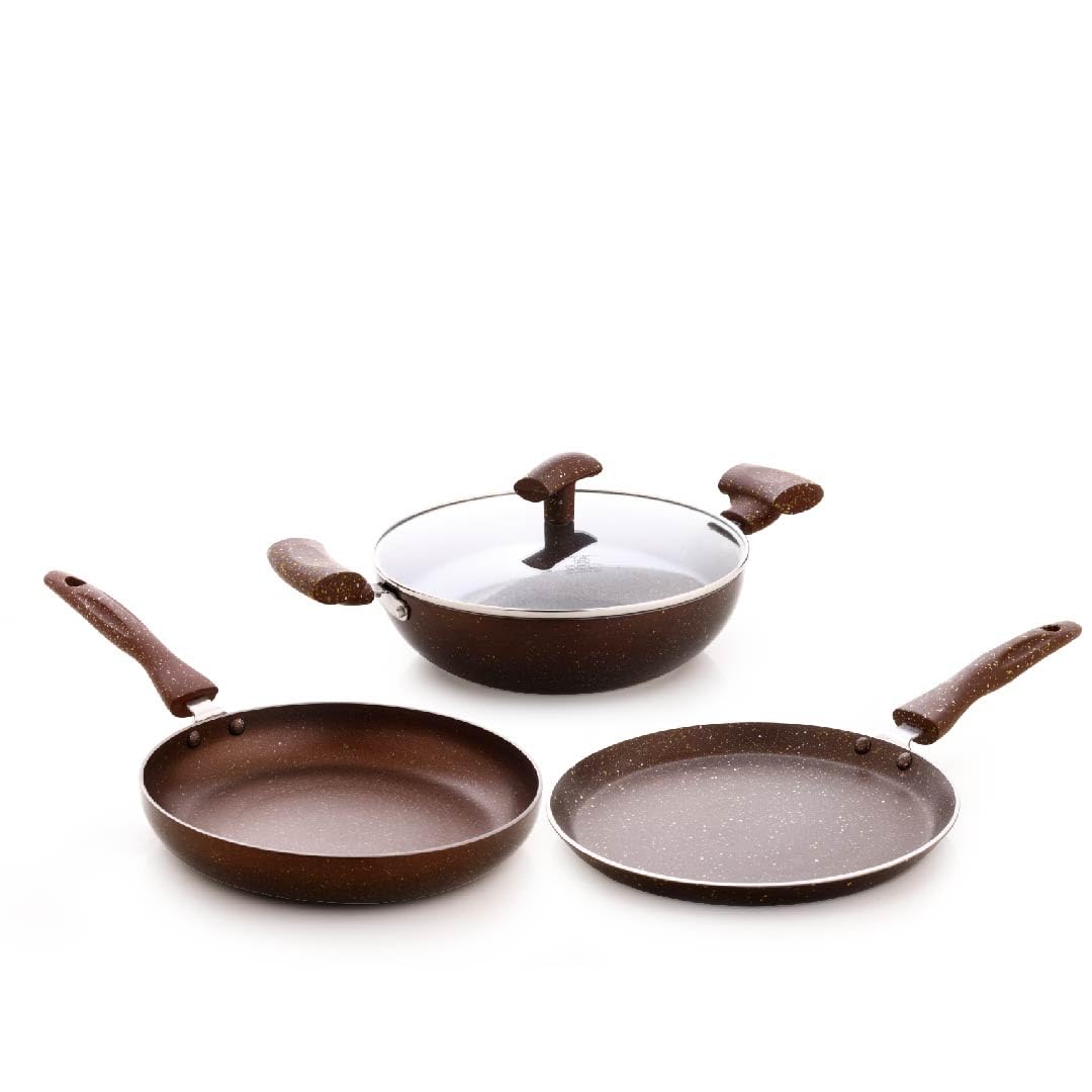 Crystal Marbo Plus 3 Pc Set (Flat Tawa 250MM+Fry Pan 240MM+Kadai 240MM+Glass Lid 240MM)