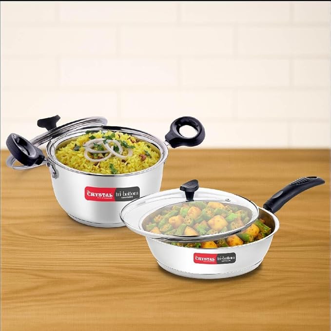 Tribottom Deep Fry Pan 225MM + Casserole 16CM With 2 Glass Lids